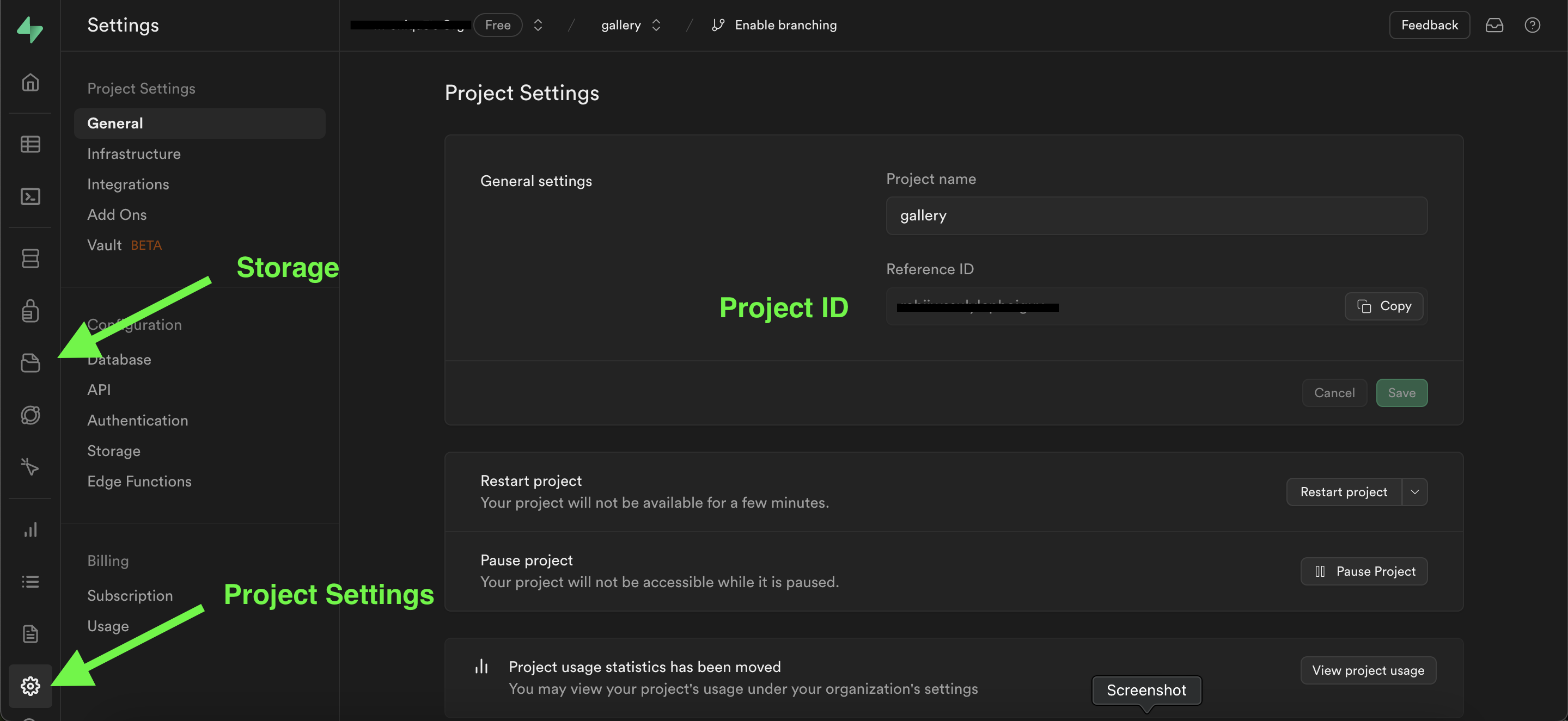 Supabase dashboard with directions